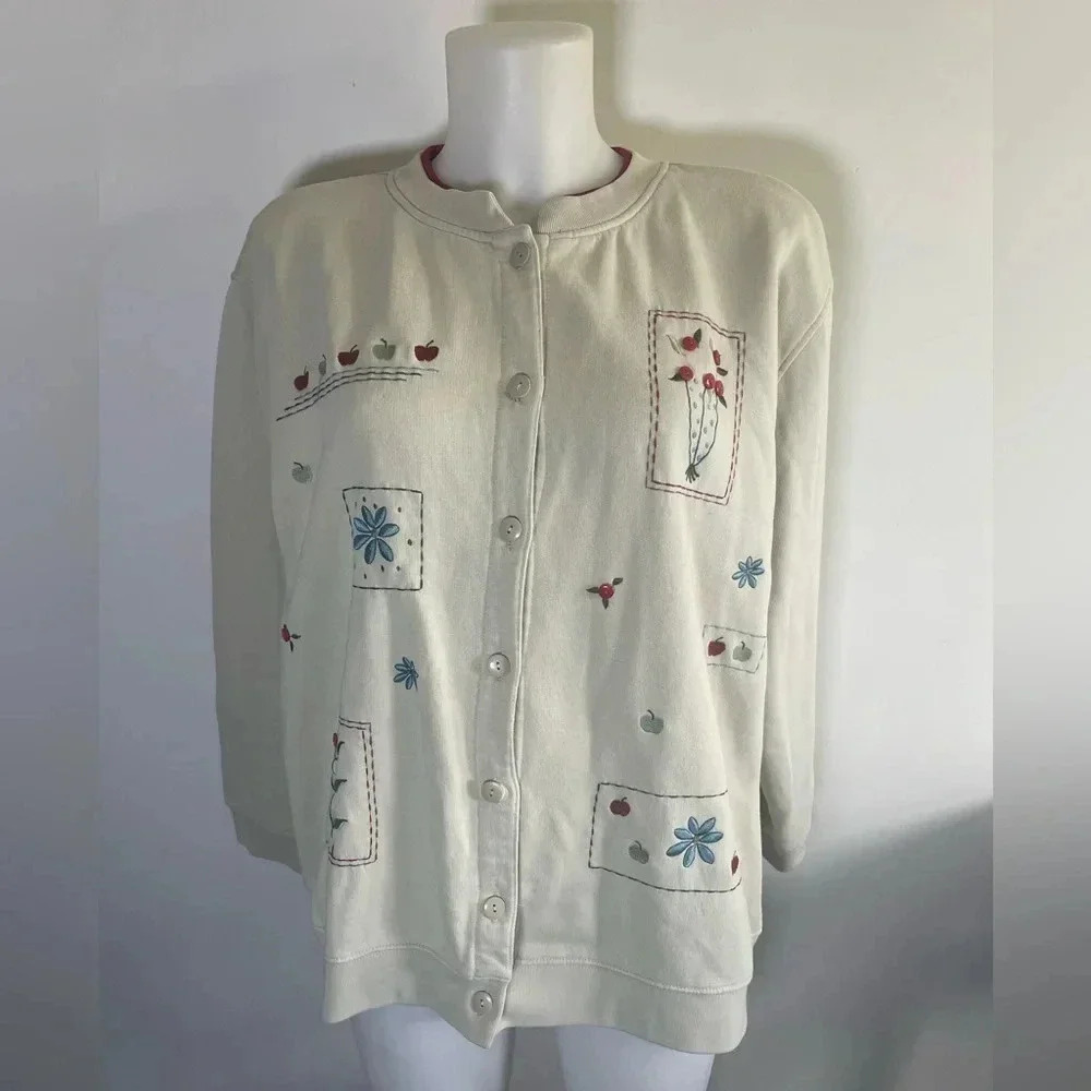 Vintage Grandma style Extra Shenanigans‎ Button Front Embroidered Apples 2X 0186